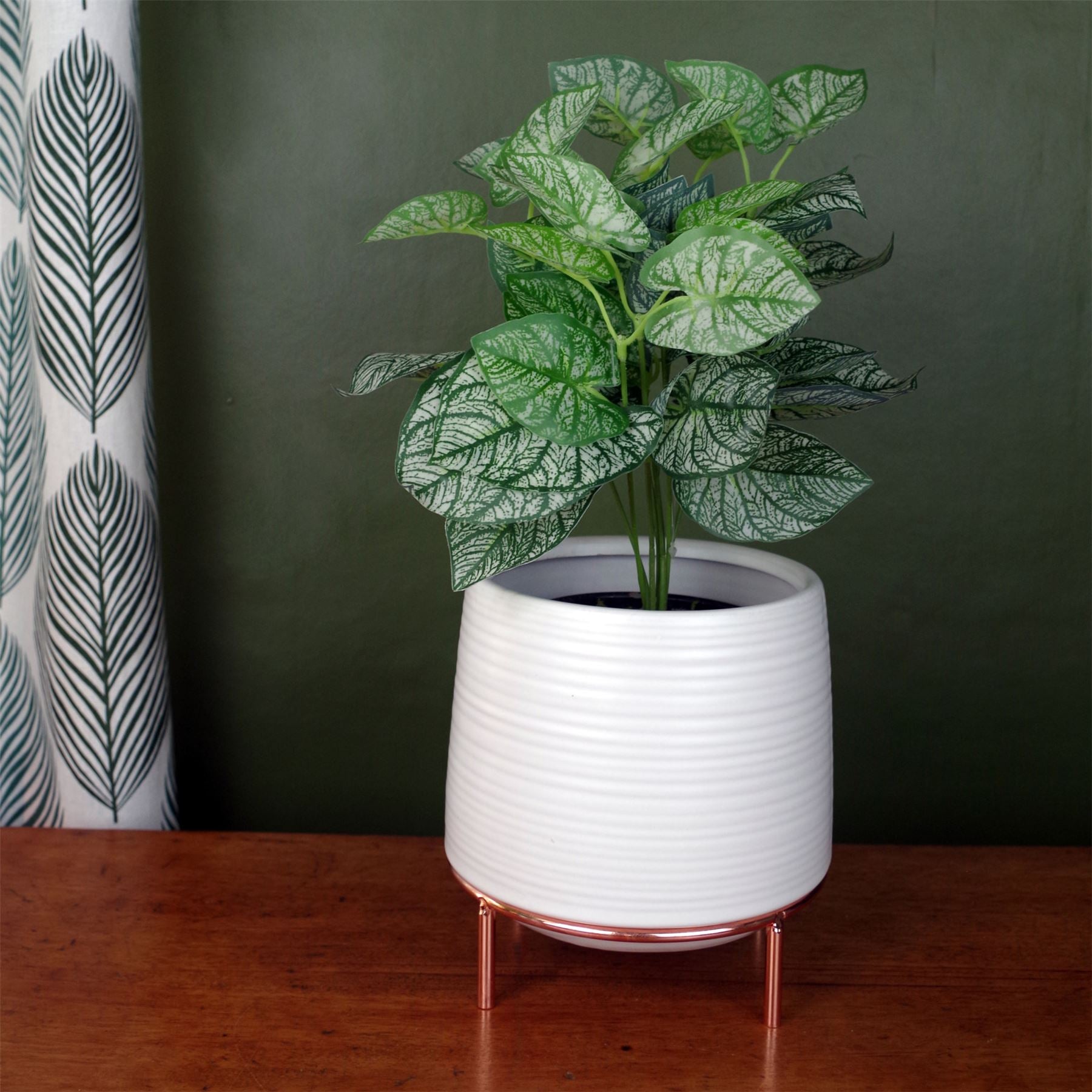 White Ceramic Planter Metal Stand with Plant Pot
