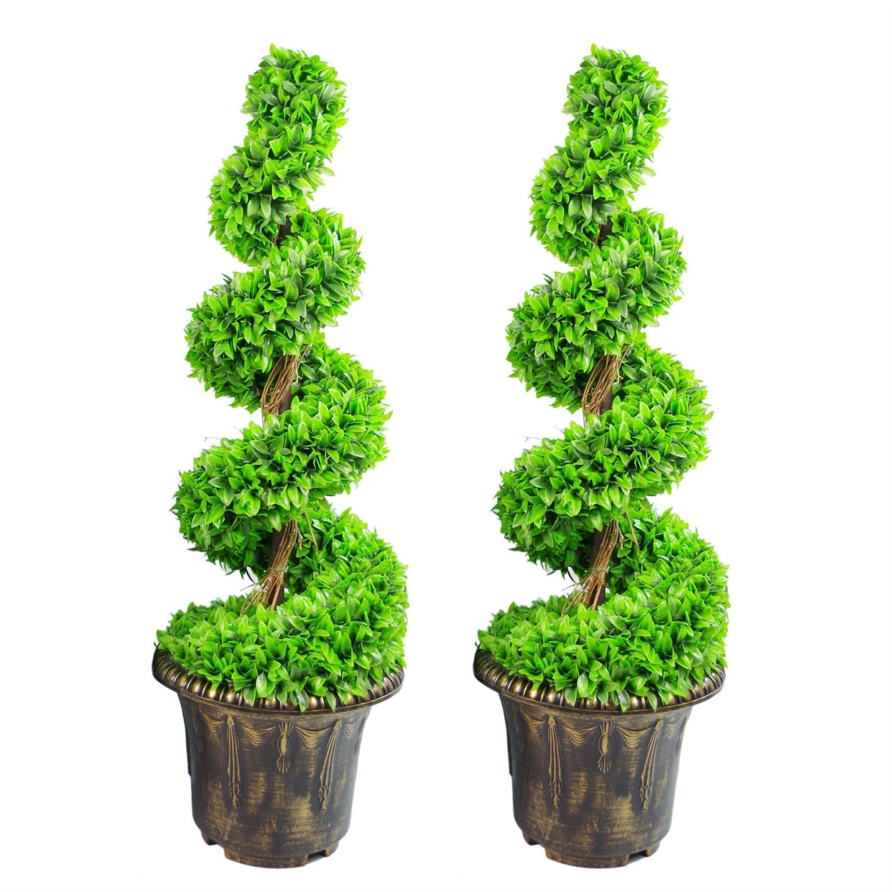 90cm Pair of Green Large Botanik Spiral Topiary Trees with Decorative Planters - Premium Quality