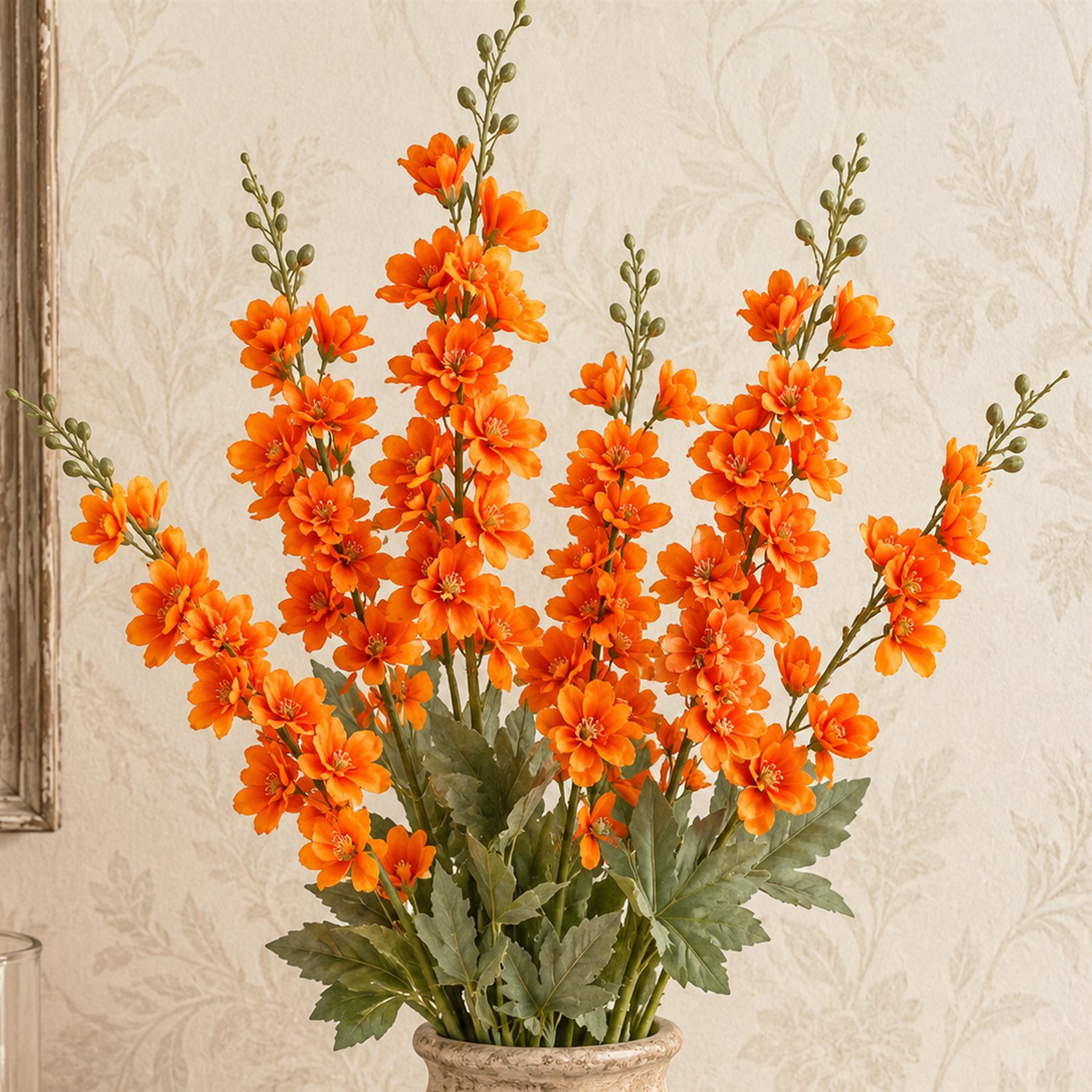 Pack of 6 x 85cm Artificial Orange Larkspur Flower Stems