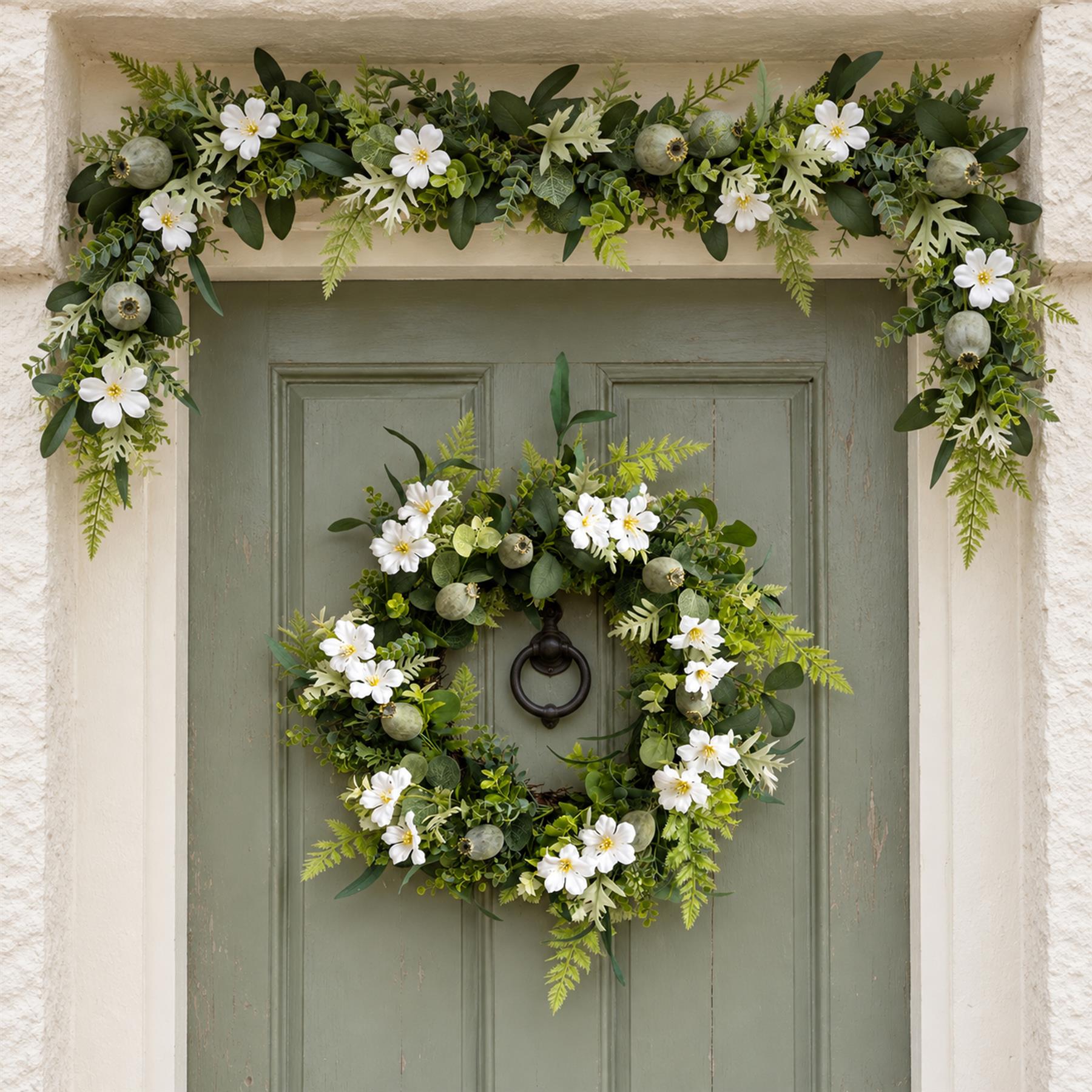 50cm Artificial White Spring Flower Wreath and 155cm Garland Set