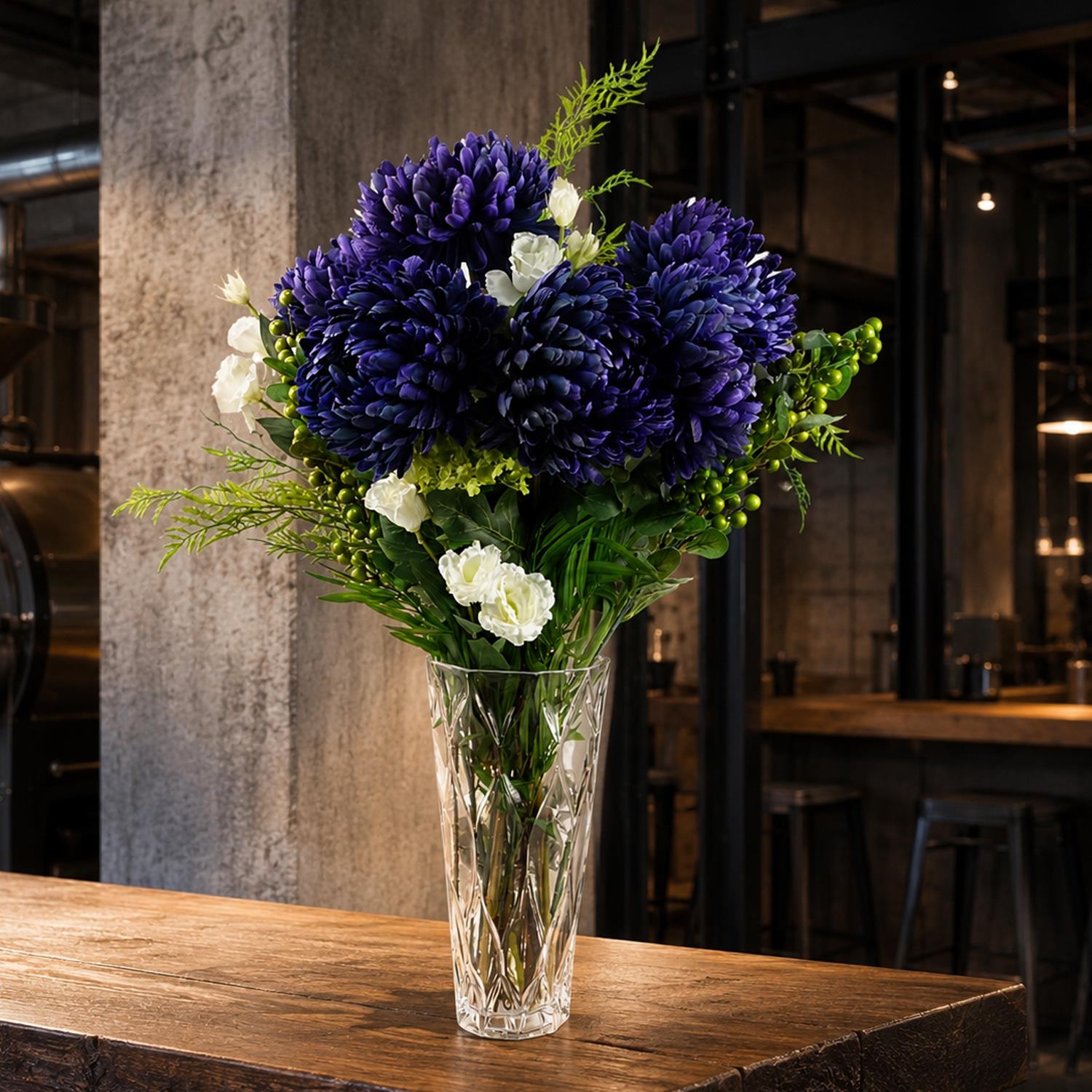Leaf 90cm Purple Chrysanthemum and Ferns Glass Vase