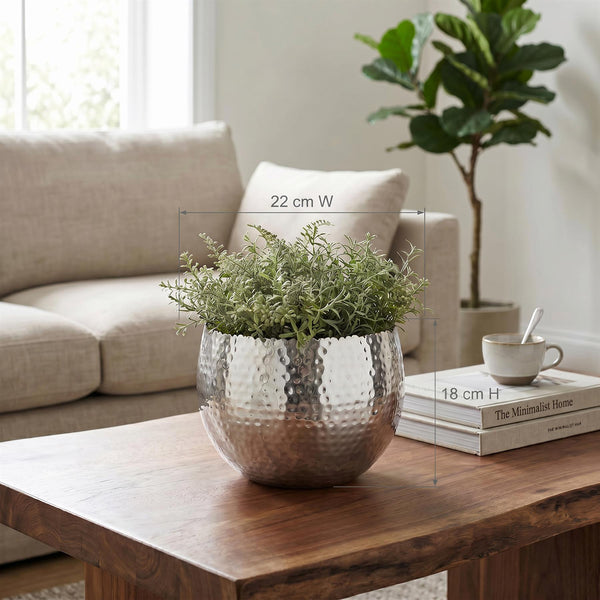 Leaf Large Metal Planter 22 x 17cm Hammered Silver Colour - Curvy Edge