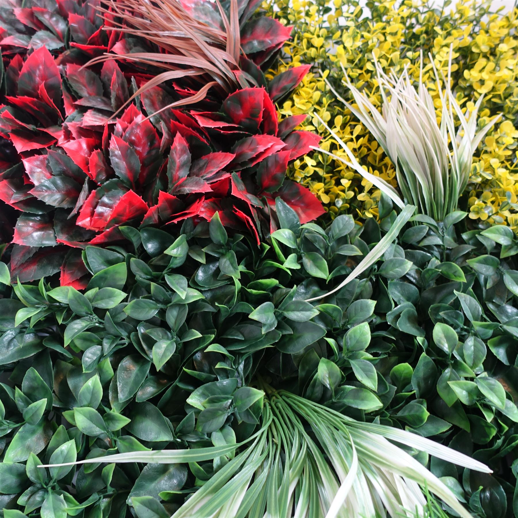 100cm Artificial Tropical Mixed Foliage Green Wall Panel with Red and Yellow Floral Detail