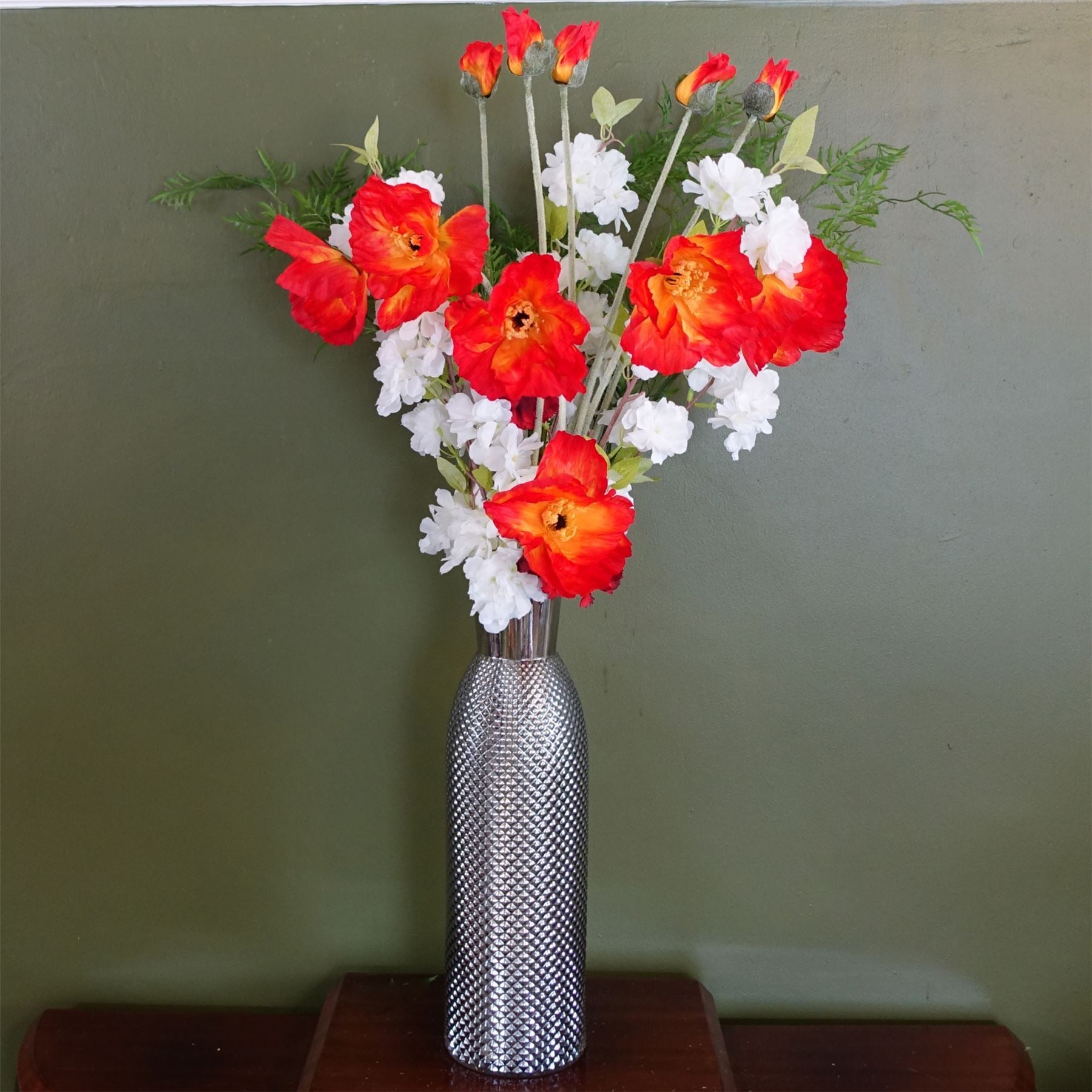 100cm Poppy and White Blossom Arrangement Glass Vase - Premium Quality