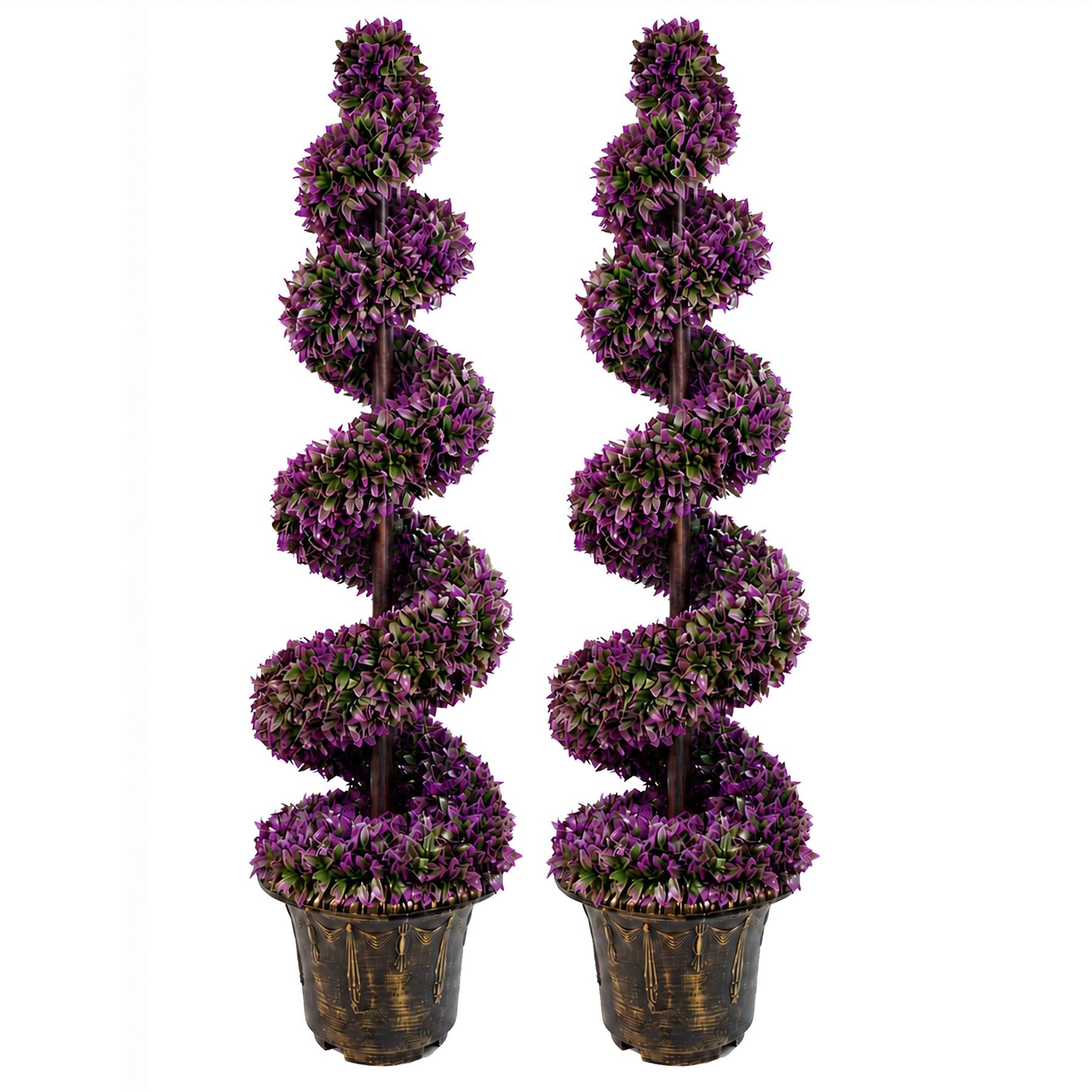 120cm Pair of Purple Large Leaf Spiral Topiary Trees with Decorative Planters