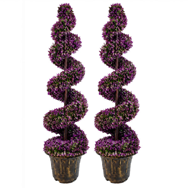 120cm Pair of Purple Large Leaf Spiral Topiary Trees with Decorative Planters