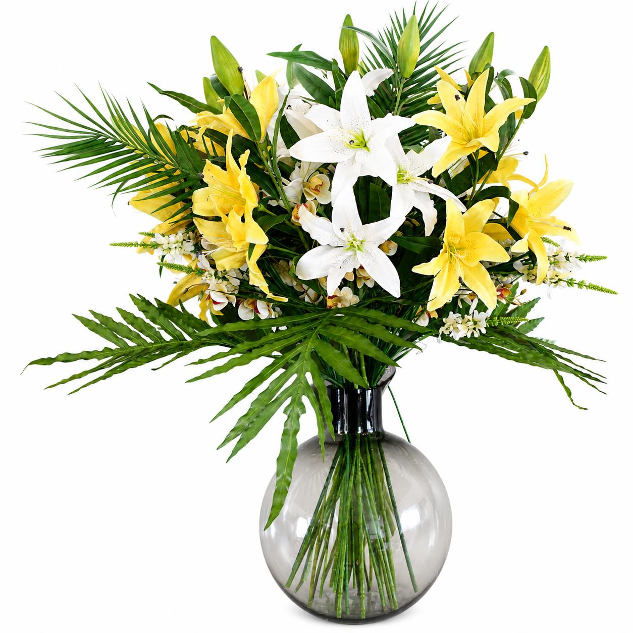 Leaf 100cm Artificial Lily Palm Flowers Glass Ball Vase