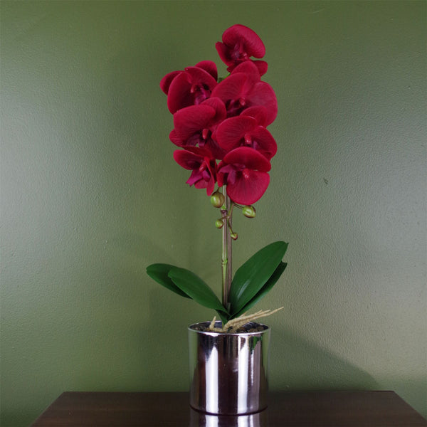 Artificial Orchid Red with Silver Pot 46cm