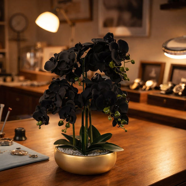 60cm Orchid Artificial Black - Gold Ceramic Planter - Premium Quality