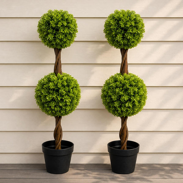 90cm Pair of Green Double Ball Topiary Trees - Premium Quality
