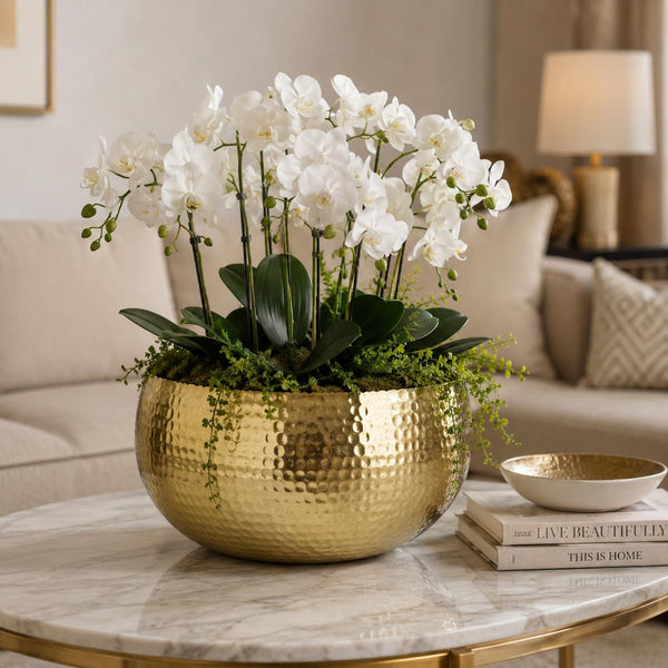 Leaf XL Metal Bowl Planter 32 x 20cm Hammered Gold Colour - Curvy Edge