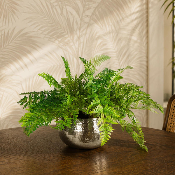 Large Artificial Ferns Display with XL Metal Silver Bowl Planter 50x65cm
