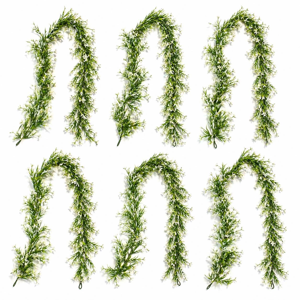 Pack of 6 x 170cm Artificial White Flowering Greenery Garland Hanging Decoration - Premium Quality