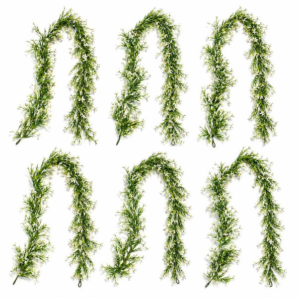 Pack of 6 x 170cm Artificial White Flowering Greenery Garland Hanging Decoration - Premium Quality