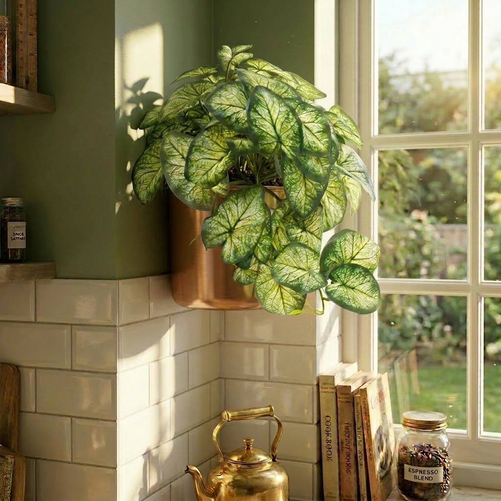 Pack of 6 x 25cm Artificial Trailing Variegated Caladium Vine Plant Dark Green - Premium Quality