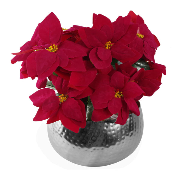 Christmas Poinsettias Artificial Silver Metal Planter