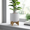 Ceramic Plant Pot Planter Bamboo Stand Ribbed White 14.5 x 14.5 x 19cm by Leaf