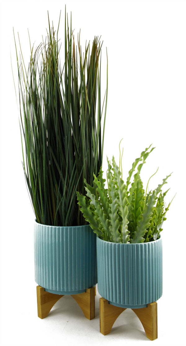 Ceramic Plant Pot Planter Ribbed Blue 16 x 16 x 15cm