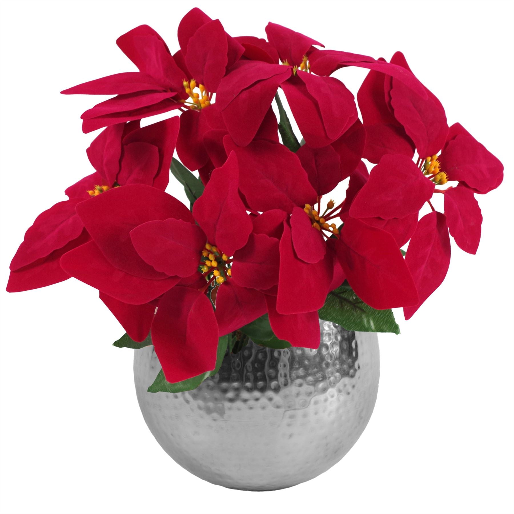 Poinsettia Artificial Christmas Red 40cm Silver Metal Planter