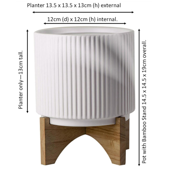 Ceramic Plant Pot Planter Bamboo Stand Ribbed White 14.5 x 14.5 x 19cm by Leaf