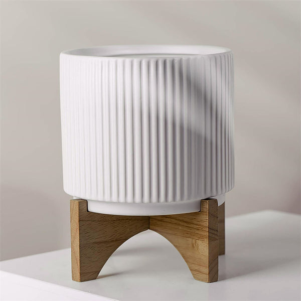 Ceramic Plant Pot Planter Bamboo Stand Ribbed White 14.5 x 14.5 x 19cm by Leaf