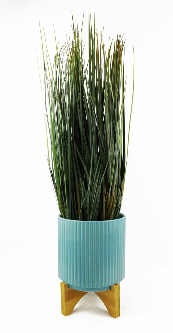 Ceramic Plant Pot Planter Bamboo Ribbed Blue