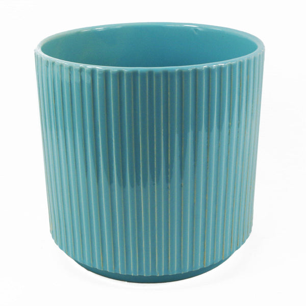 Ceramic Plant Pot Planter Ribbed Blue 16 x 16 x 15cm