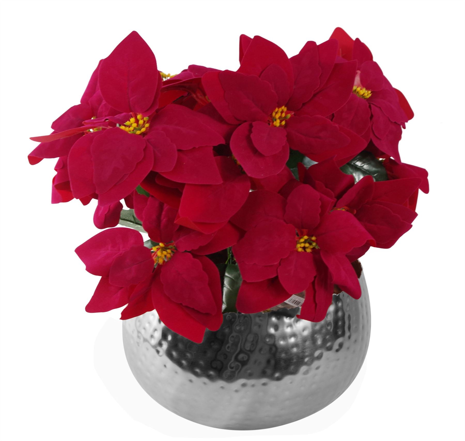 Xmas Poinsettias Silver Metal Planter Artificial Christmas