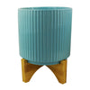 Ceramic Plant Pot Planter Bamboo Ribbed Blue 17 x 17 x 21cm Leaf