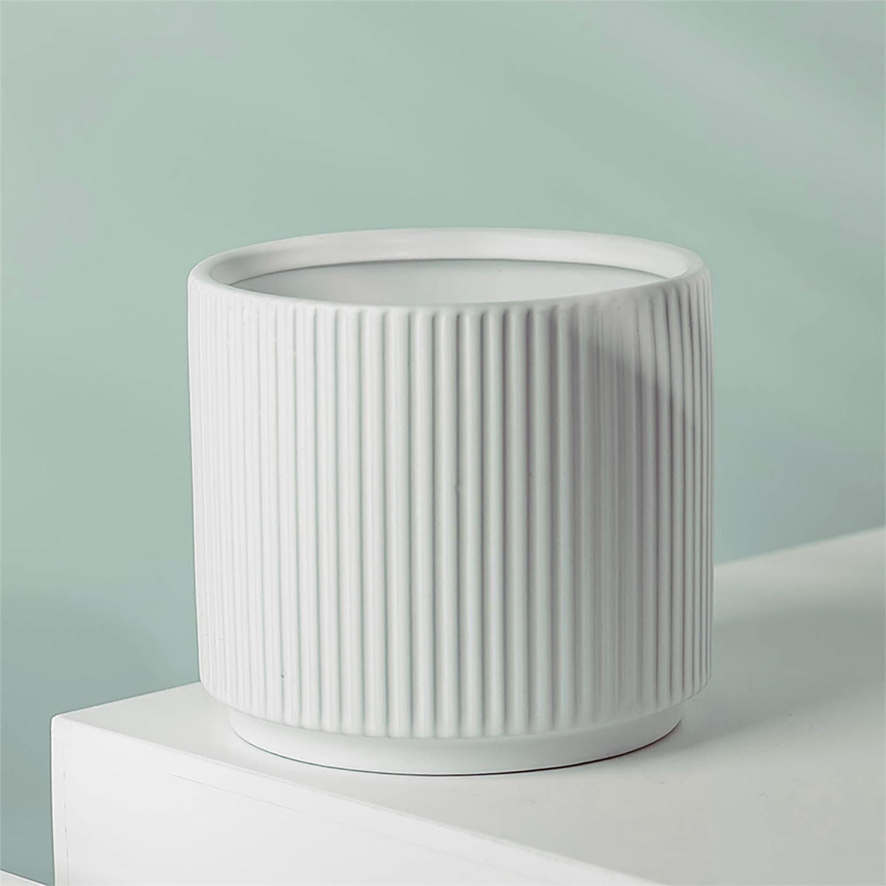 Ceramic Plant Pot Planter Bamboo Ribbed White 17 x 17 x 21cm Leaf