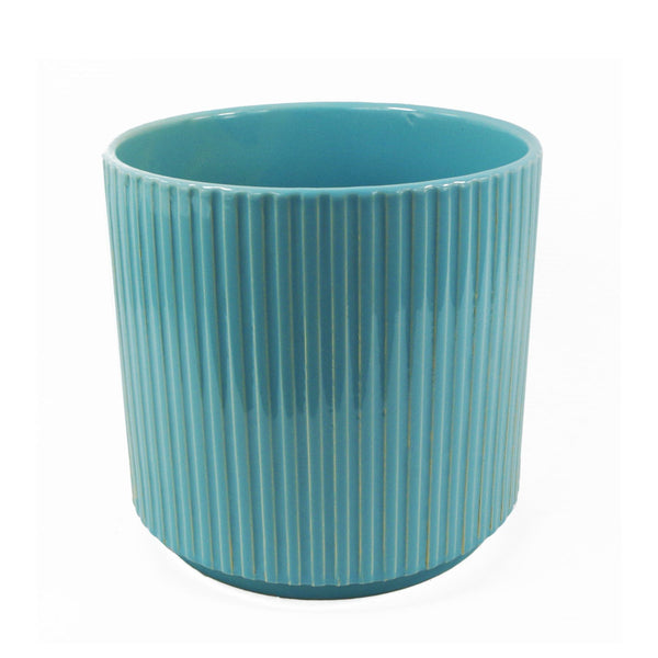 Ceramic Plant Pot Planter Ribbed Blue 13.5 x 13.5 x 13cm