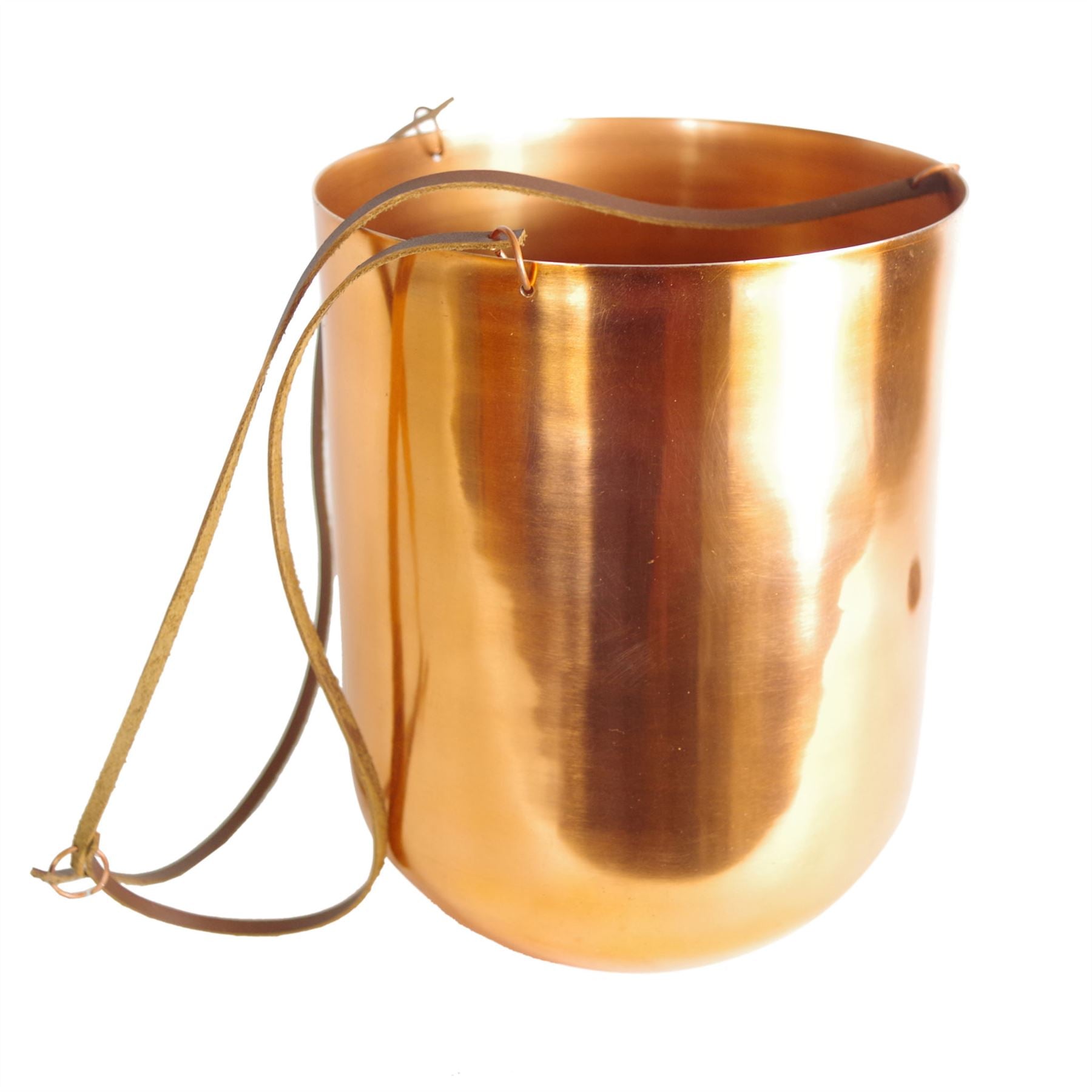 Leaf Copper Hanging Planter Leather Straps Modern Contemporary 18 x 22cm