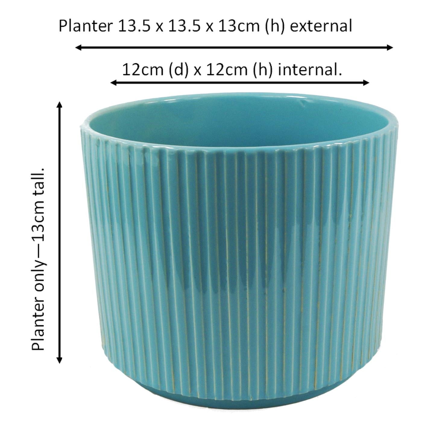 Ceramic Plant Pot Planter Ribbed Blue 13.5 x 13.5 x 13cm