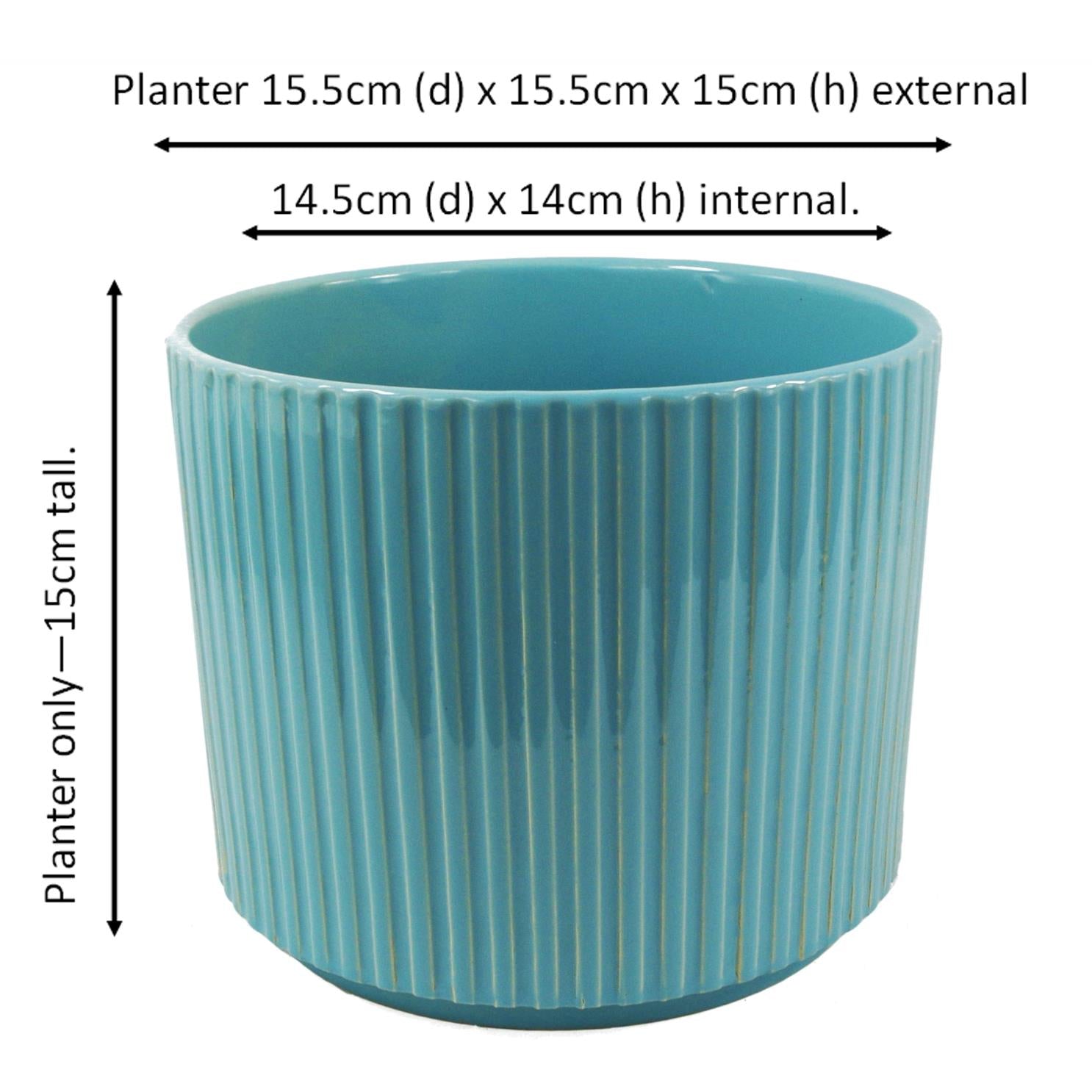 Ceramic Plant Pot Planter Ribbed Blue 16 x 16 x 15cm