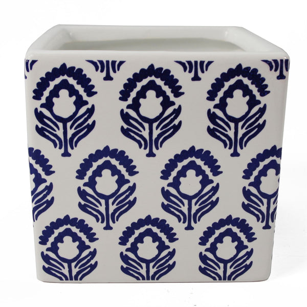 Ceramic Cube Planter Print Blue Tulip Plant Pot